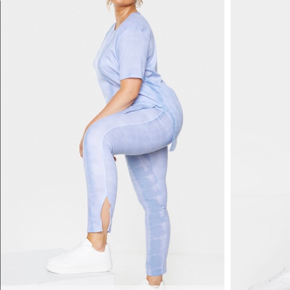 Plus Dusty Blue Tie Dye Rib Split Side Oversized T-Shirt